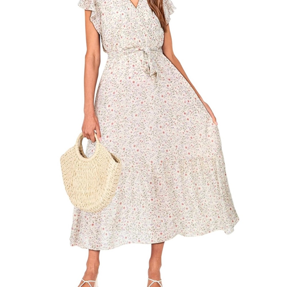 NEW Floral Wrap VNeck Ruffle Cap Sleeve Belt Pleated Midi Sun Dress White